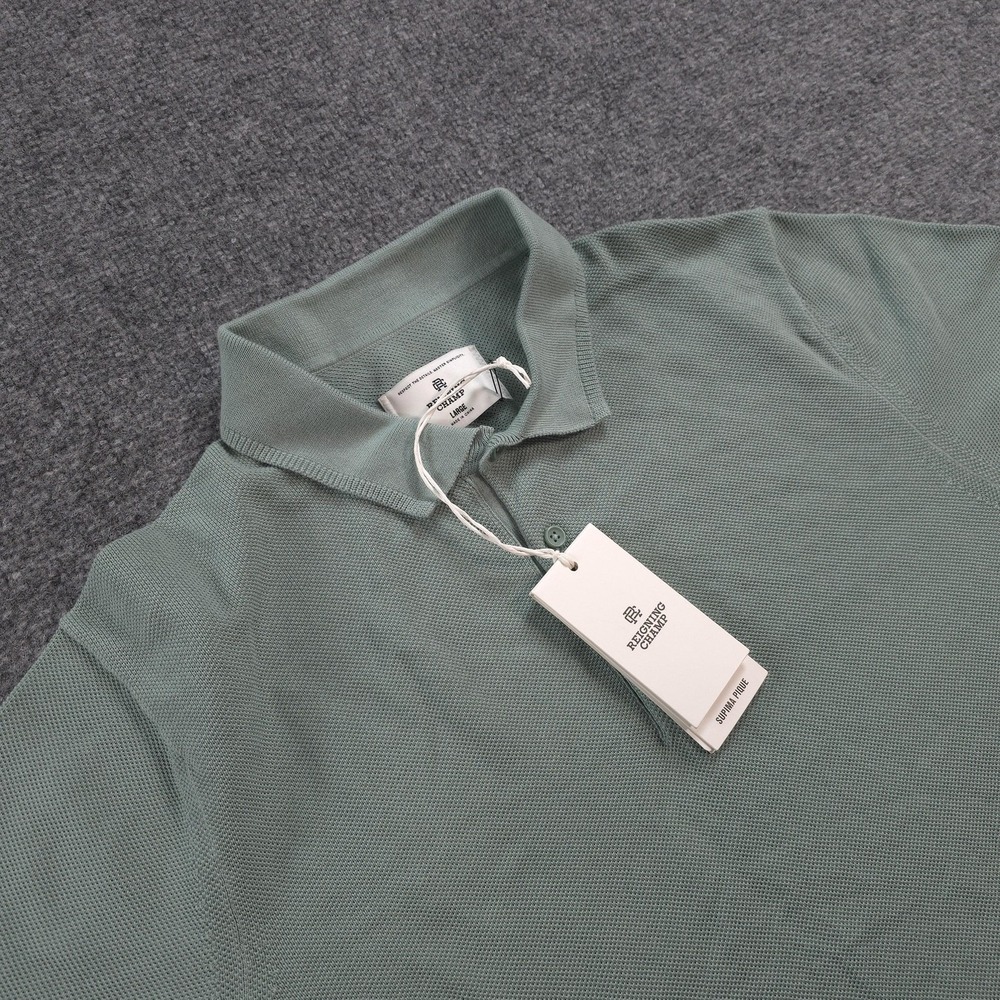 Reigning Champ Polo Shirt Mens Large Green Supima Pique Knit Logo Casual NEW